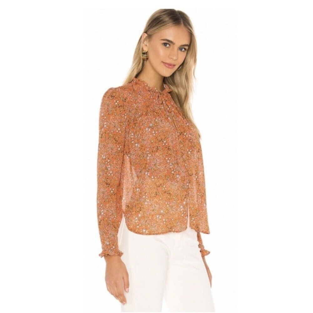 Free People Lela Blouse Smocked Ruffle Floral Lightweight Orange Women's Size SP